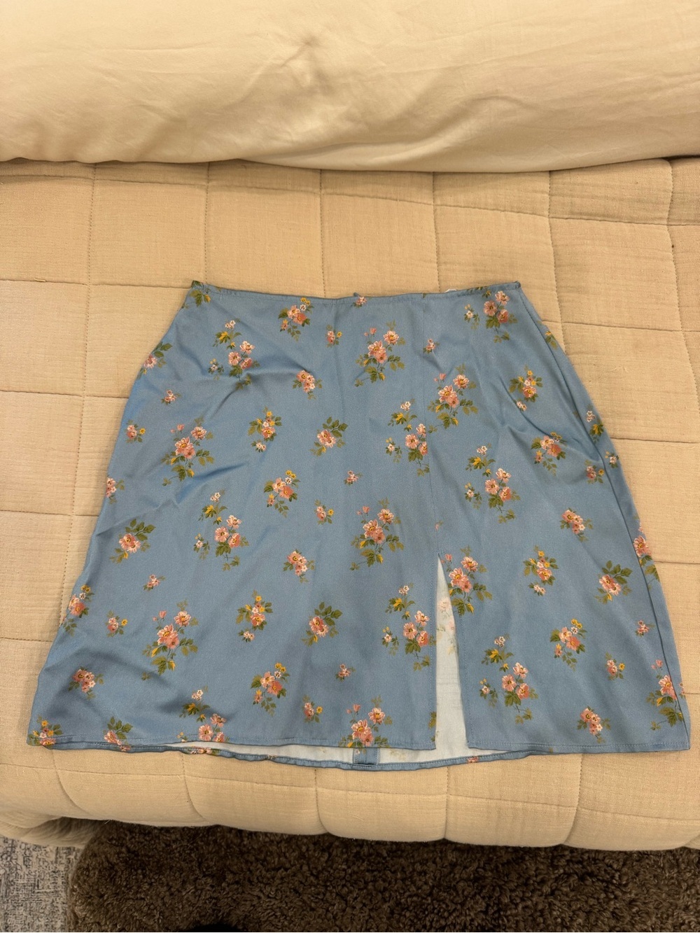 Reformation Satin Blue Floral A-Line Mini Skirt with Front Slit - Picture 2 of 4
